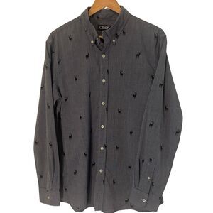 Chaps Mens Large Dk Gray Moose Theme Button Down Shirt EUC Bonus Silk Tie